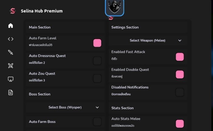 Use the Selina Hub Script user interface to enable and disable features