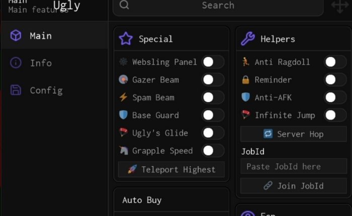 Steal A Brainrot Script main window shows the list of features 