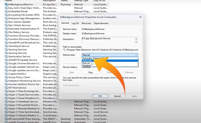 Set EA Background Service to start automatically