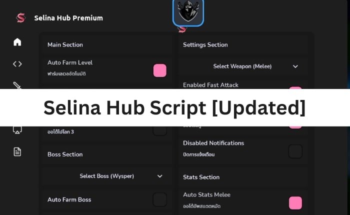 Image showing the Selina Hub Script that you can use to exploit the Roblox Blox Fruits game.