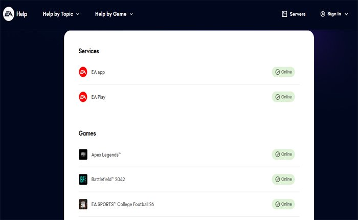 current status of the EA app server