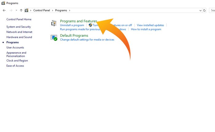 Program and Features option under programs 