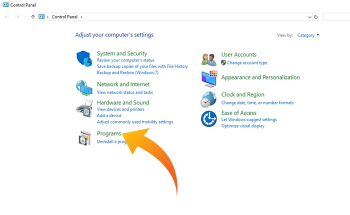 Programs option under the control panel