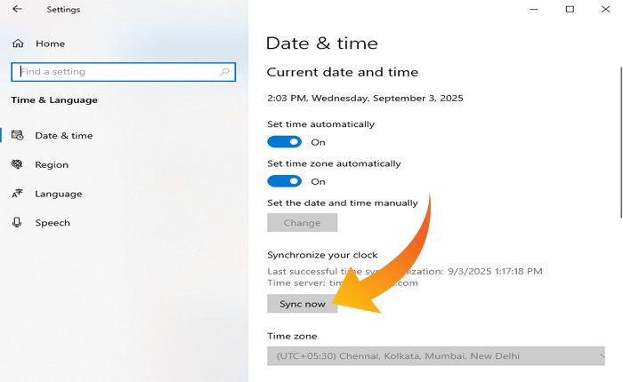Sync the date and time of Windows PC